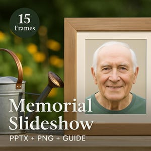 May include: A framed portrait of an elderly man with white hair and a green top. The frame is light brown. Text on the image reads "Memorial Slideshow" and "15 Frames". A watering can is in the background.