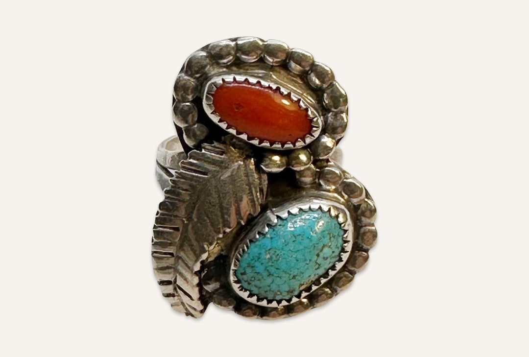 Vintage Silver Navajo Ring With Turquoise and Coral - Etsy