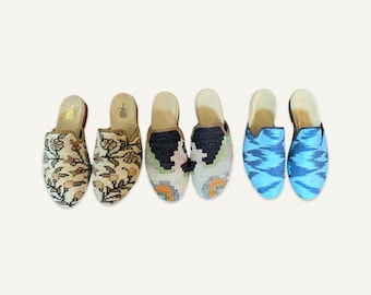 Lot of 3 Pairs of European Size 37 Mules with Wool or Silk Uppers and Leather Soles