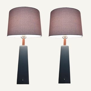 May include: Two matching table lamps with gray-blue gradient bases and brown shades. The lamps have a rectangular base that tapers upwards, with a wooden accent connecting the base to the shade. The shades are a muted brown color.