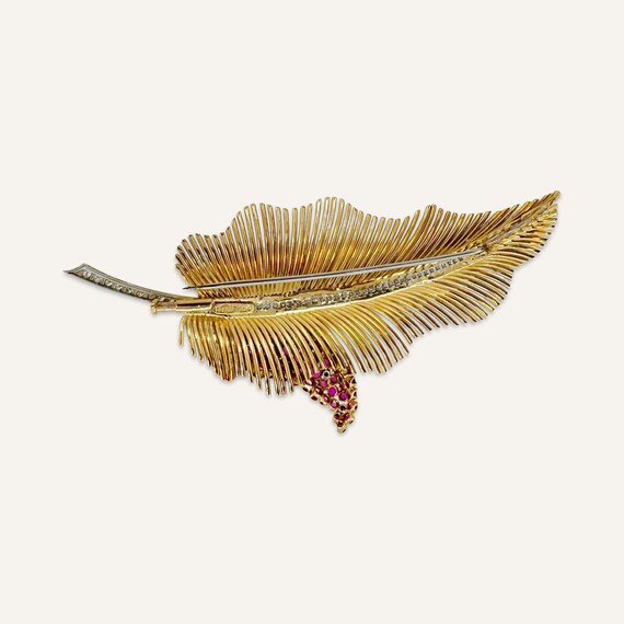 1940s Deco 18k Gold Leaf With Ruby and Diamond Sp… - image 8