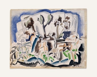 William C Grauer, 1895-1985, Untitled (Cacti and Mexicans) Ink and Watercolor on Paper 1940s
