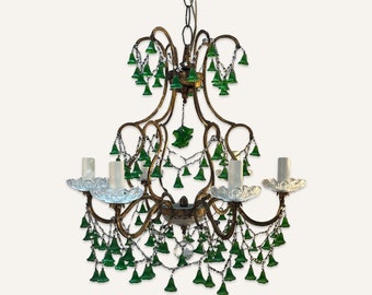 Venetian Glass 6 Bulb Chandelier With Clear Crystal Bobeches and Green Stylized Flower Drops