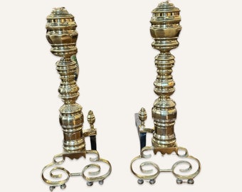 Pair of Large Georgian Style Brass Andirons, 20th Century