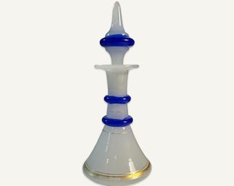 White Frosted Glass Scent Bottle with Blue Piping and Gilt Accents
