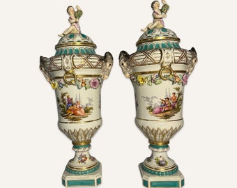 Matched Pair of Kpm Porcelain Covered Urns With Applied Decoration