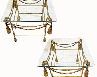 Pair of Gilt Metal Hollywood Regency Glass Top Tassel Side Tables