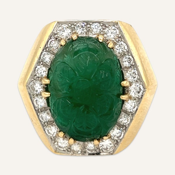 14k Yellow Gold Carved Emerald and Diamond Cocktail Ring