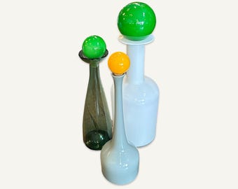 Set of 3 Large Otto Brauer Style Glass Bottles With Spherical Glass Stoppers