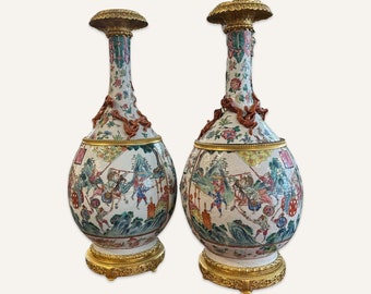 Pair 19th Century Gagneau & Fils Chinese Porcelain Oil Lamps