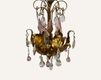 Small 3 Bulb Venetian Crystal and Gilt Bronze Leaf Motif Chandelier