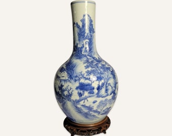 Mid 19th Century Qing Dynasty Blue and White Baluster Form Vase and Stand Drilled for Conversion to Lamp