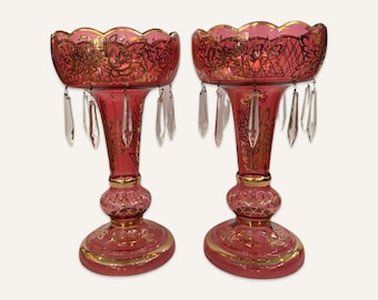 Pair of Large Late 19th Century Pink and Gilt Lustres