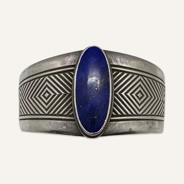 American Indian Sterling Silver Cuff Bracelet With Lapis Lazuli Stone by Navajo James Reid