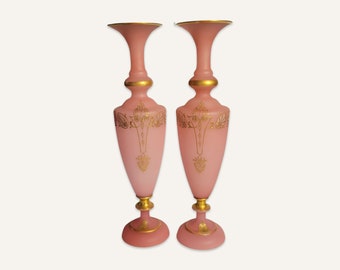 Late 19th Century Pair of French Pink Frosted Opaline Glass Urns With Enamel Gilt Decoration