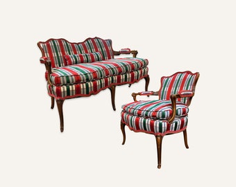 1940s French Provincial Style Loveseat and Chair Set Upholstered in Plaid Silk
