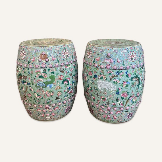 A Pair of Chinese 19th Century Famille Rose on White Garden Seats A Pair of Chinese 19th Century Famille Rose on White Garden Seats