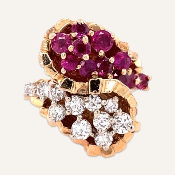 1960s 14k Yellow Gold Cocktail Ring With Rubies a… - image 1
