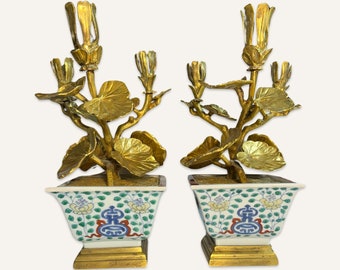 Pair of Early Qing Dynasty Ducai Pots With Aftermarket Gilt Bronze Candelabra Inserts