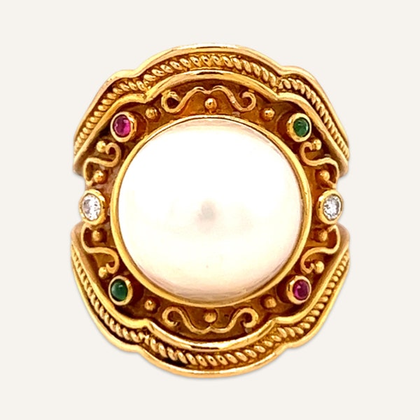 Mabe Pearl, Diamond, Ruby and Emerald Ring in 18k Yellow Gold