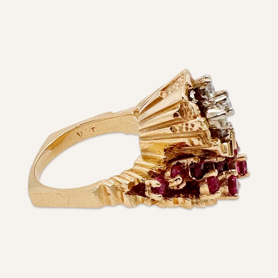 1960s 14k Yellow Gold Cocktail Ring With Rubies a… - image 4