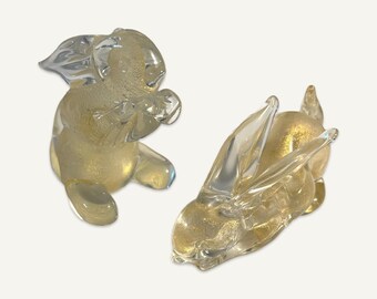 Pair of Archimede Seguso Murano Clear Glass Rabbits With Gold Leaf Embellishment