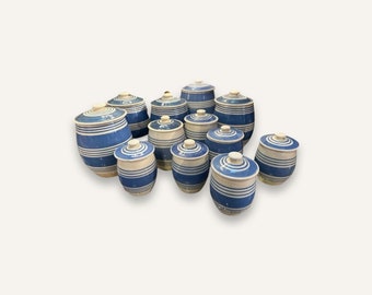 19th Century Set of 12 Mixed-Size English Mochaware Canisters