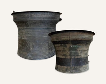 Pair of Southeast Asian Bronze Rain Drums or Moko Drums