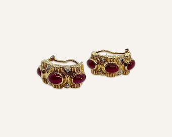 Pair of Ruby Cabochon and Diamond Earrings