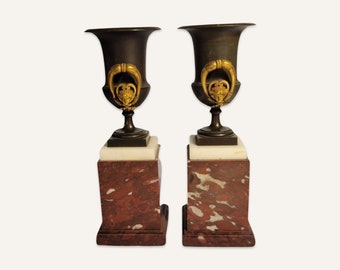 Pair of Early 19th Century Small Continental Neoclassical Napoleonic Bronze Urns With Doree Mounts and Marble Plinths