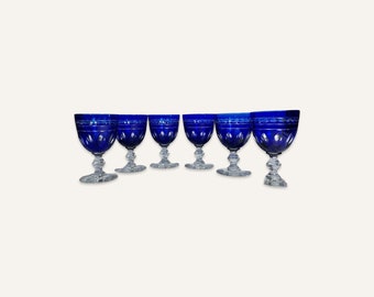 Set of 6 Val Saint Lambert Cobalt Cut-To-Clear Goblets by Kent York