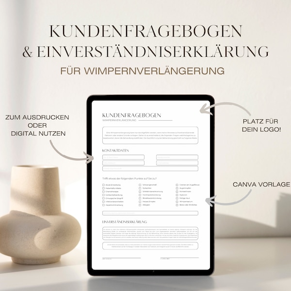 Kundenfragebogen & Einverständnis für Wimpernverlängerung als PDF und Canva l Zustimmung inkl. Unterschrift | kaufen und sofort downloaden |