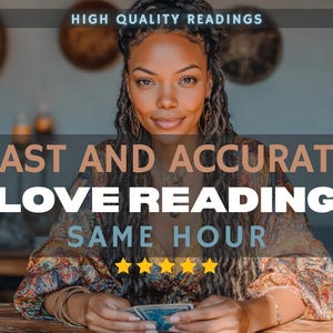May include: A woman with long, dark hair and gold earrings holds tarot cards. The image features text that reads "HIGH QUALITY READINGS", "FAST AND ACCURATE LOVE READING SAME HOUR", and five gold stars.