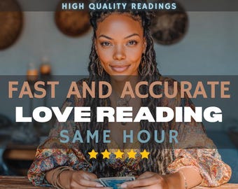 May include: A woman with long, dark hair and gold earrings holds tarot cards. The image features text that reads "HIGH QUALITY READINGS", "FAST AND ACCURATE LOVE READING SAME HOUR", and five gold stars.