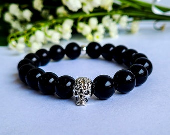 Black Tourmaline Gemstone Bracelet, Skull Bracelet for Men Women, Empath Healing Bracelet, Negative Energy Protection, Grounding Bracelet