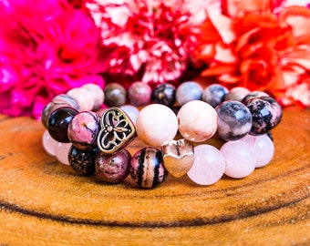 Pulsera de rodonita y cuarzo rosa: Mala de cristal curativo, piedra de la compasión