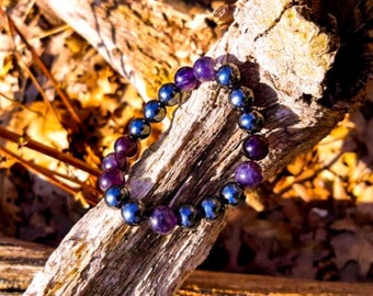 Hematite and Amethyst Bracelet: 10mm Grounding Gemstone