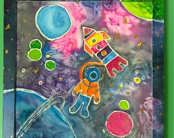 Colorful Space Rocket Painting, Whimsical Galaxy Nursery Art, Silk Wall Decor