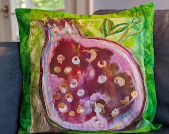 Hand-Painted Silk Batik Pillow Cover: Pomegranate Design, Vintage Home Decor