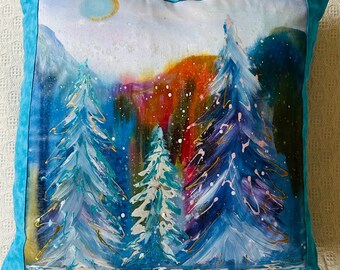 Hand-Painted Batik Pillow Cover: Winter Tree Scene, Vintage Home Decor