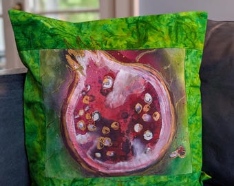 Hand-Painted Silk Batik Pillow Cover: Pomegranate Design, Vintage Home Decor