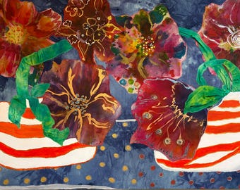WHEN FLOWERS DREEM: Original Hand-Painted Silk Appliqué, Mixed Media Floral Textile Wall Art