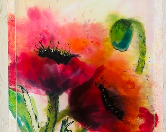 Poppy Painting on Silk: Red Floral Batik Wall Decor