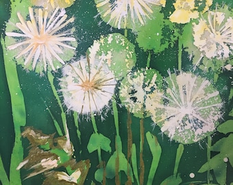 Dandelion Batik Painting on Silk: Floral Wall Decor