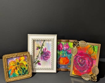 Flower Batik Silk Painting - Floral Mini Art, Framed Art