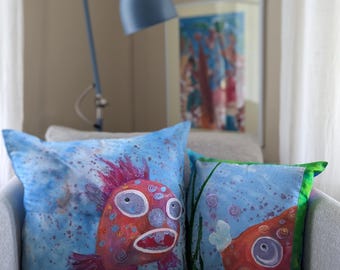 Hand-Painted Cotton Pillow Cover, Ocean Fish Batik Textile Art, Coastal Home Decor