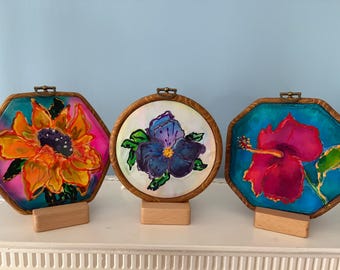 Hand-Painted Silk Hoop Art | Botanical Floral Textile Wall Decor