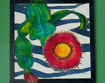 Cactus Batik Painting on Silk: Floral Wall Decor (25"x25")
