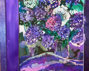 Batik Flower Painting on Silk: Lilac Floral Wall Decor (25"x20")