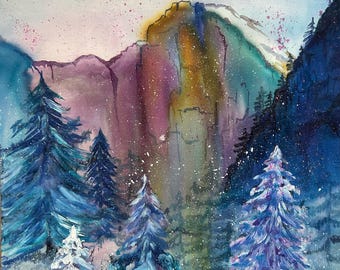 Winter Mountain Silk Painting: Batik Wall Decor (18x18)